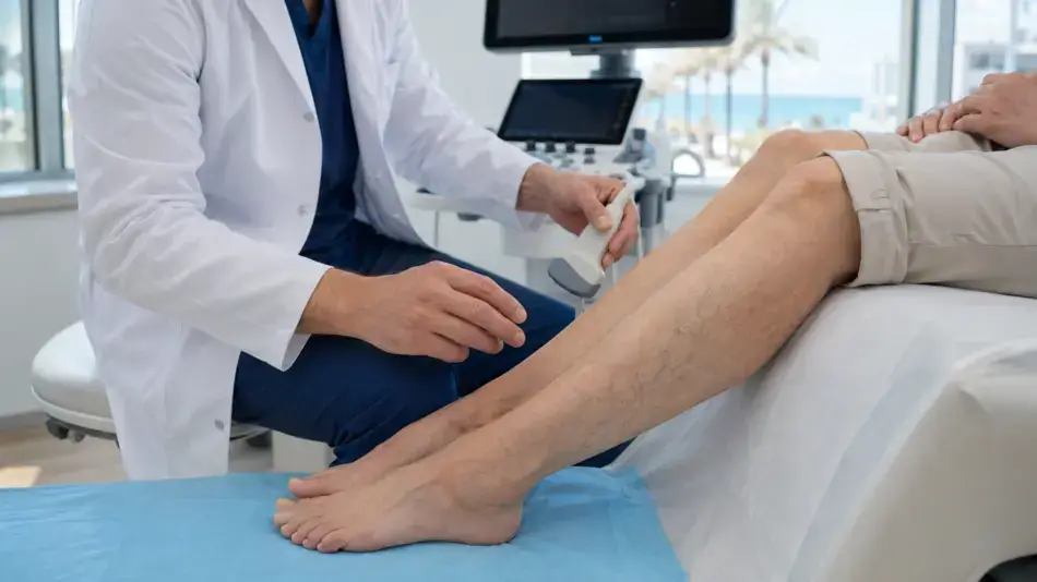Medic efectuează un ecodoppler venos pentru evaluarea varicelor la nivelul membrelor inferioare.