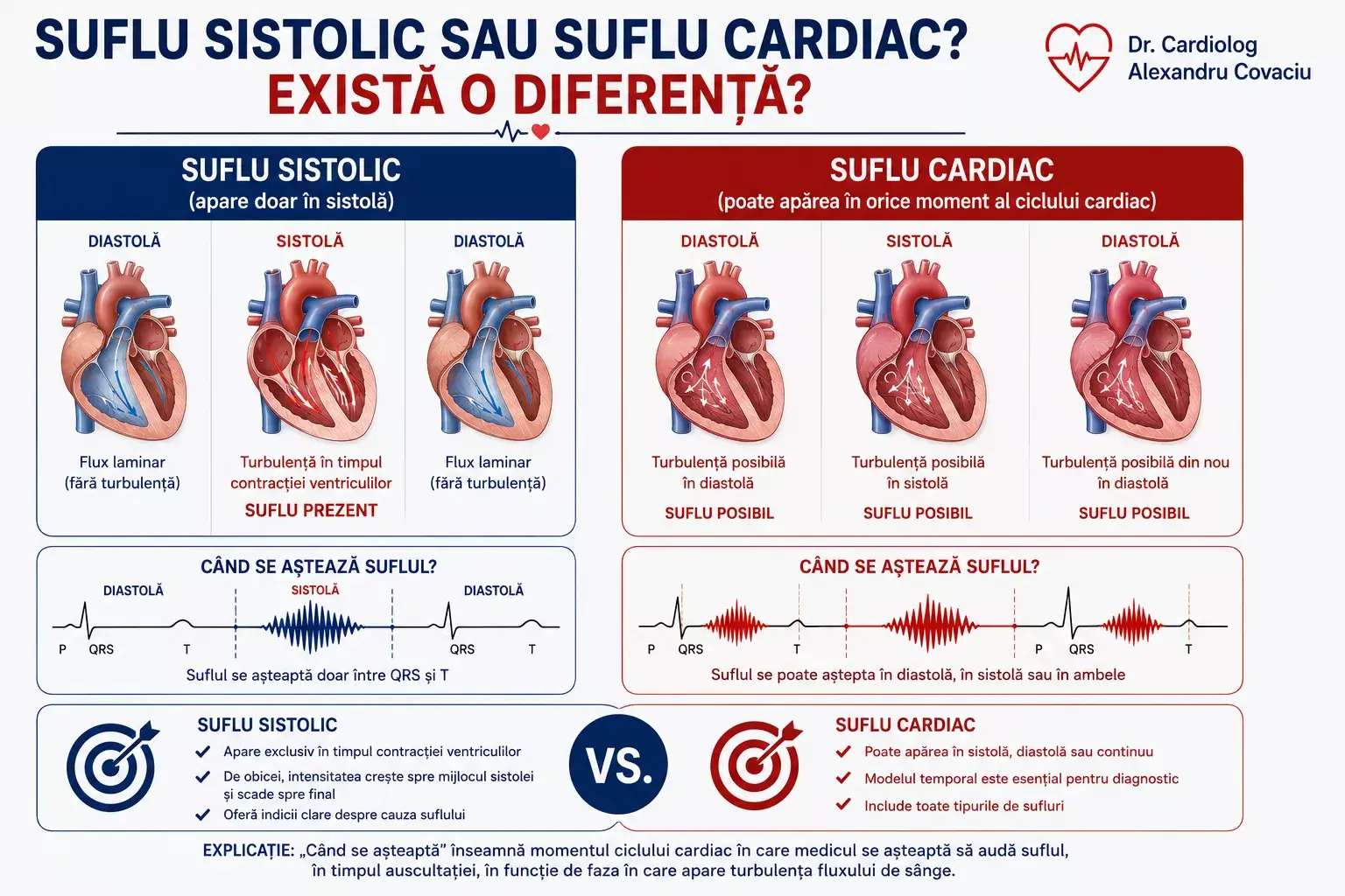 Comparație între suflul sistolic și suflul cardiac, evidențiind diferențele dintre cele două noțiuni.