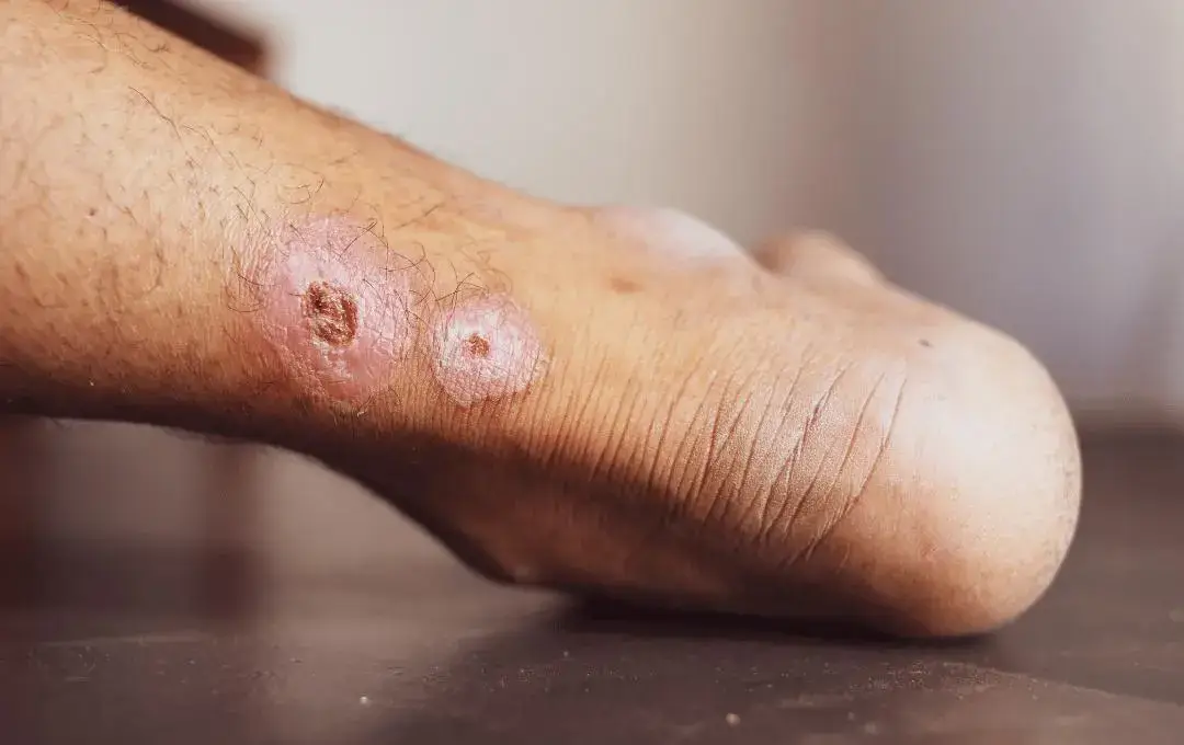 Ulcer venos localizat în zona gleznei la un pacient cu insuficiență venoasă cronică.
