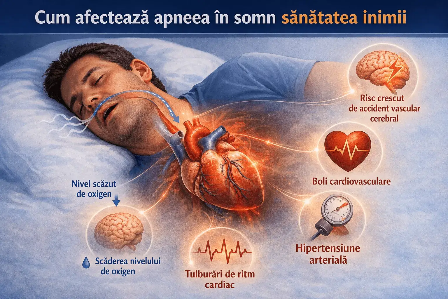 Efectele apneei de somn asupra inimii: scăderea oxigenului, hipertensiune arterială, tulburări de ritm și risc crescut de accident vascular cerebral.