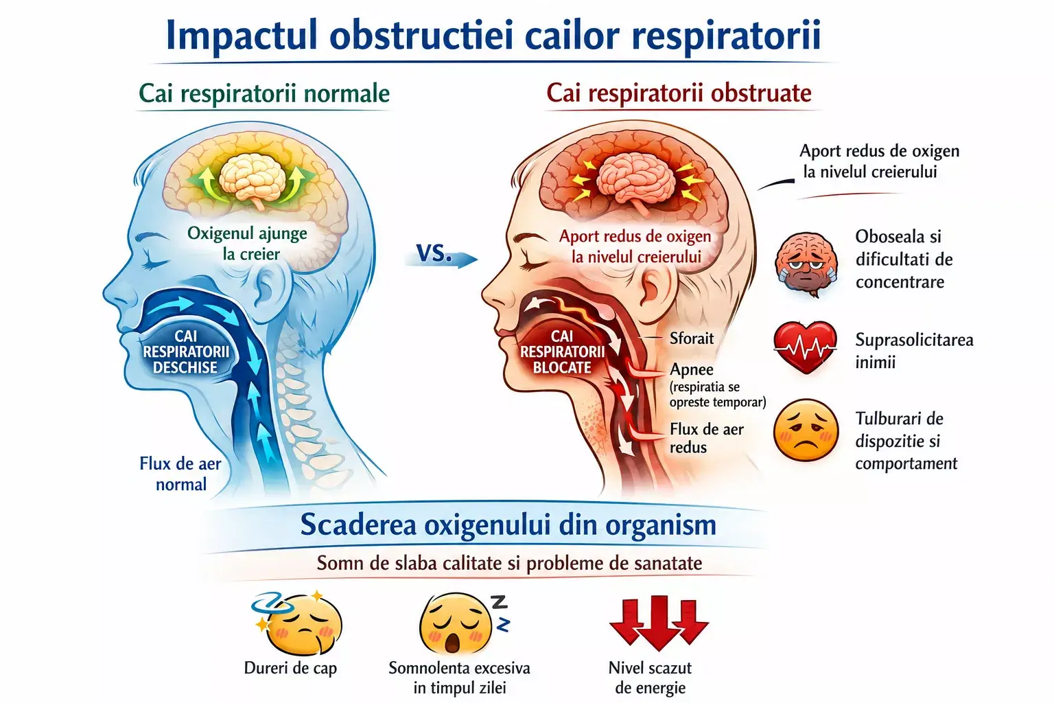 Comparație între respirația normală și blocarea căilor respiratorii în apneea obstructivă de somn.